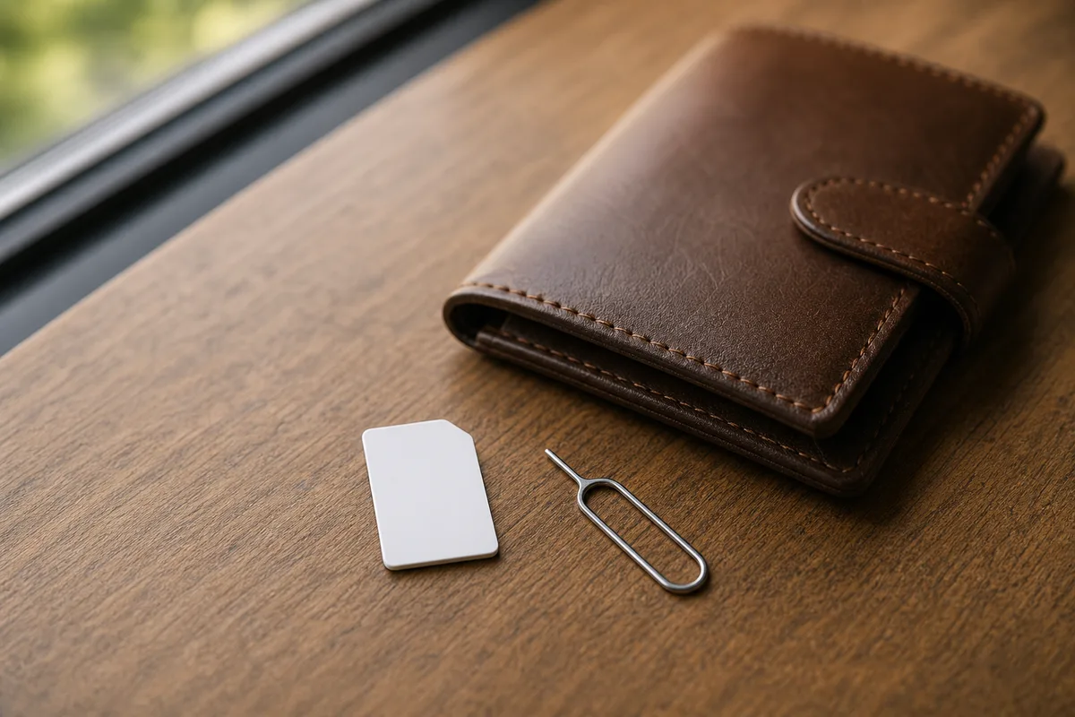 Carte SIM vierge et outil d’éjection sur un bureau en bois