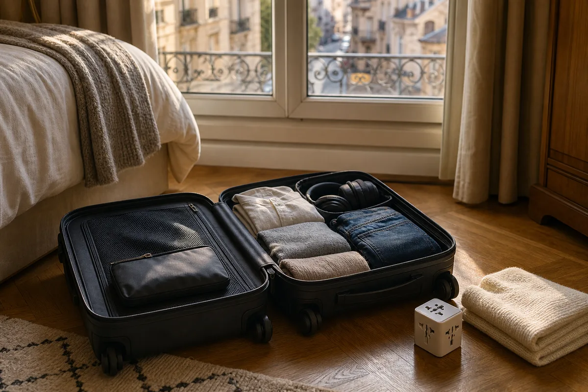 Valise ouverte avec adaptateur électrique universel