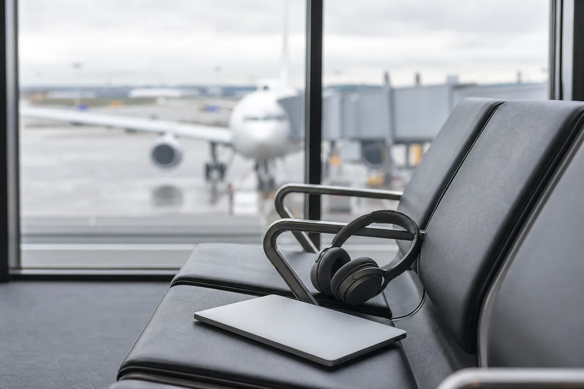 Salle d’attente d’aéroport avec ordinateur portable et casque